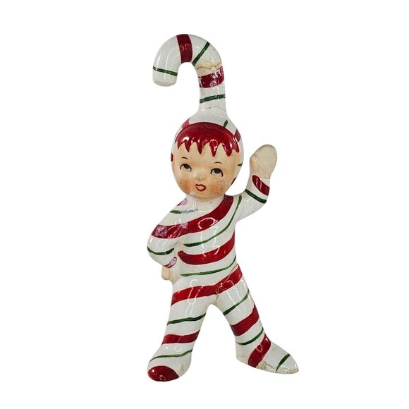 Vintage Lefton Candy Cane Kids Figurine Pixie Elf Waving AS IS Repaired - Picture 1 of 9